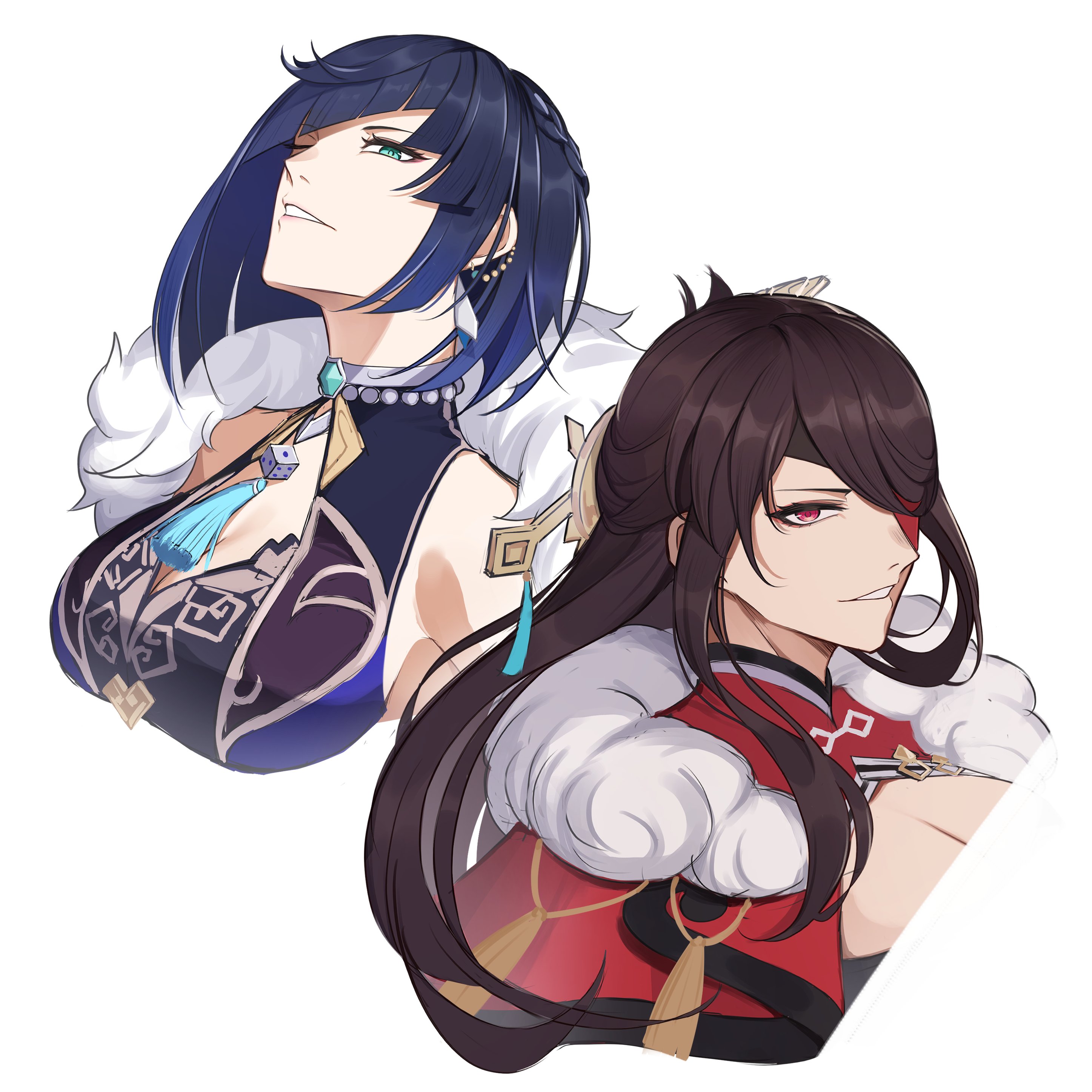 pnatsu, beidou (genshin impact), yelan (genshin impact), genshin impact, absurdres, highres, 2girls, blue hat, breasts, brown hair, cleavage, eyepatch, green eyes, hair ornament, hair stick, hat, long hair, looking at viewer, multiple girls, one eye closed, red eyes, short hair, smile, swept bangs, white background