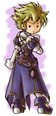 fuju, falsetto, trusty bell, lowres, 1girl, blonde hair, chibi, clenched hands, coat, female focus, from behind, gauntlets, long sleeves, looking at viewer, solid circle eyes, solo, spiked hair