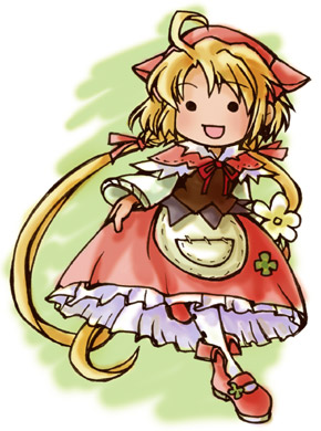 fuju, polka (trusty bell), trusty bell, lowres, 1girl, :d, ahoge, apron, capelet, chibi, corset, dress, female focus, long sleeves, looking at viewer, open mouth, red dress, smile, solid circle eyes, solo, twintails, waist apron
