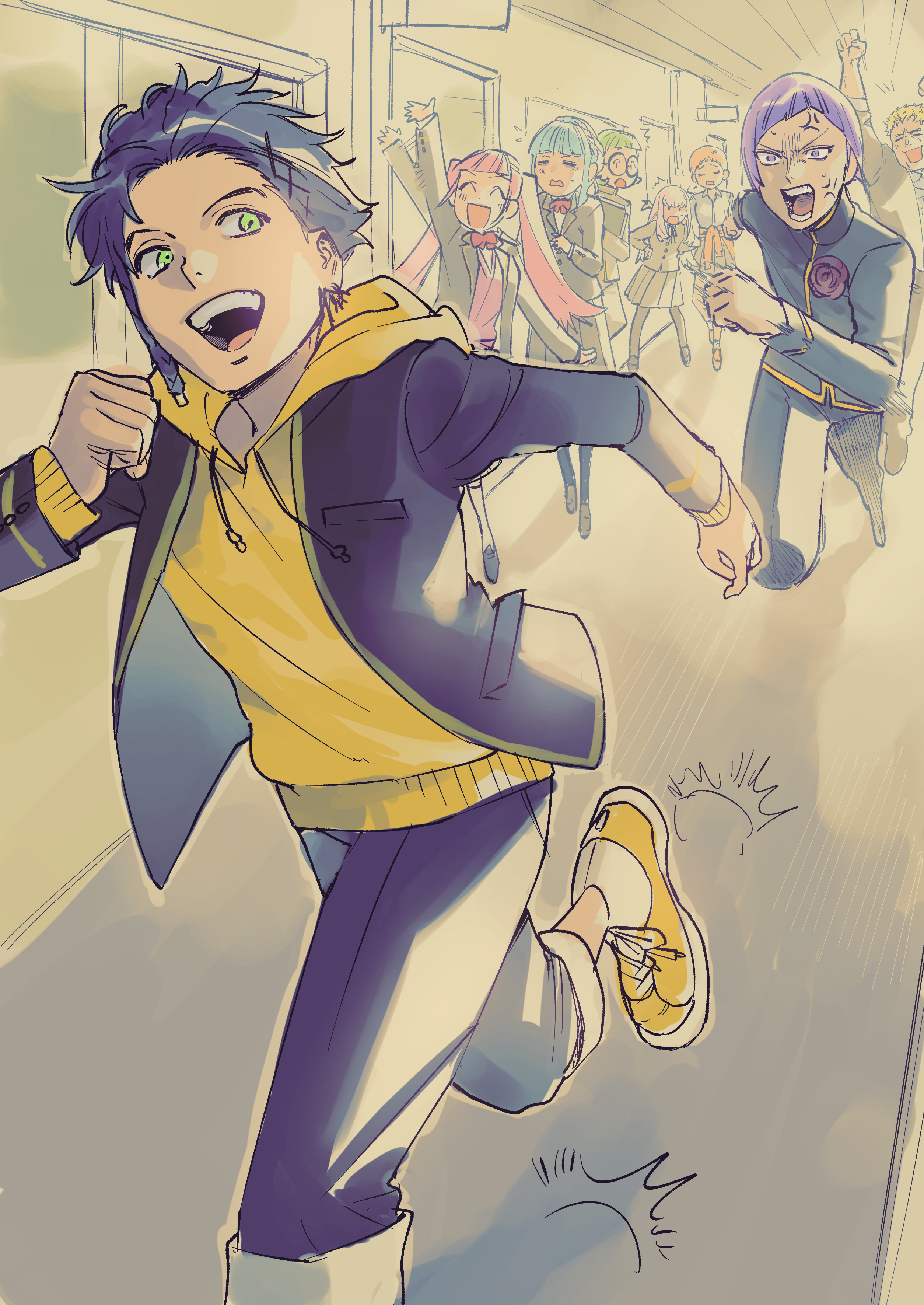 mkpj32, claude von riegan, hilda valentine goneril, ignatz victor, leonie pinelli, lorenz hellman gloucester, lysithea von ordelia, marianne von edmund, raphael kirsten, fire emblem, fire emblem: three houses, nintendo, absurdres, highres, 4boys, 4girls, blonde hair, blue hair, contemporary, glasses, green eyes, hallway, hood, hoodie, multiple boys, multiple girls, pink hair, purple eyes, purple hair, school, school uniform, yellow hoodie