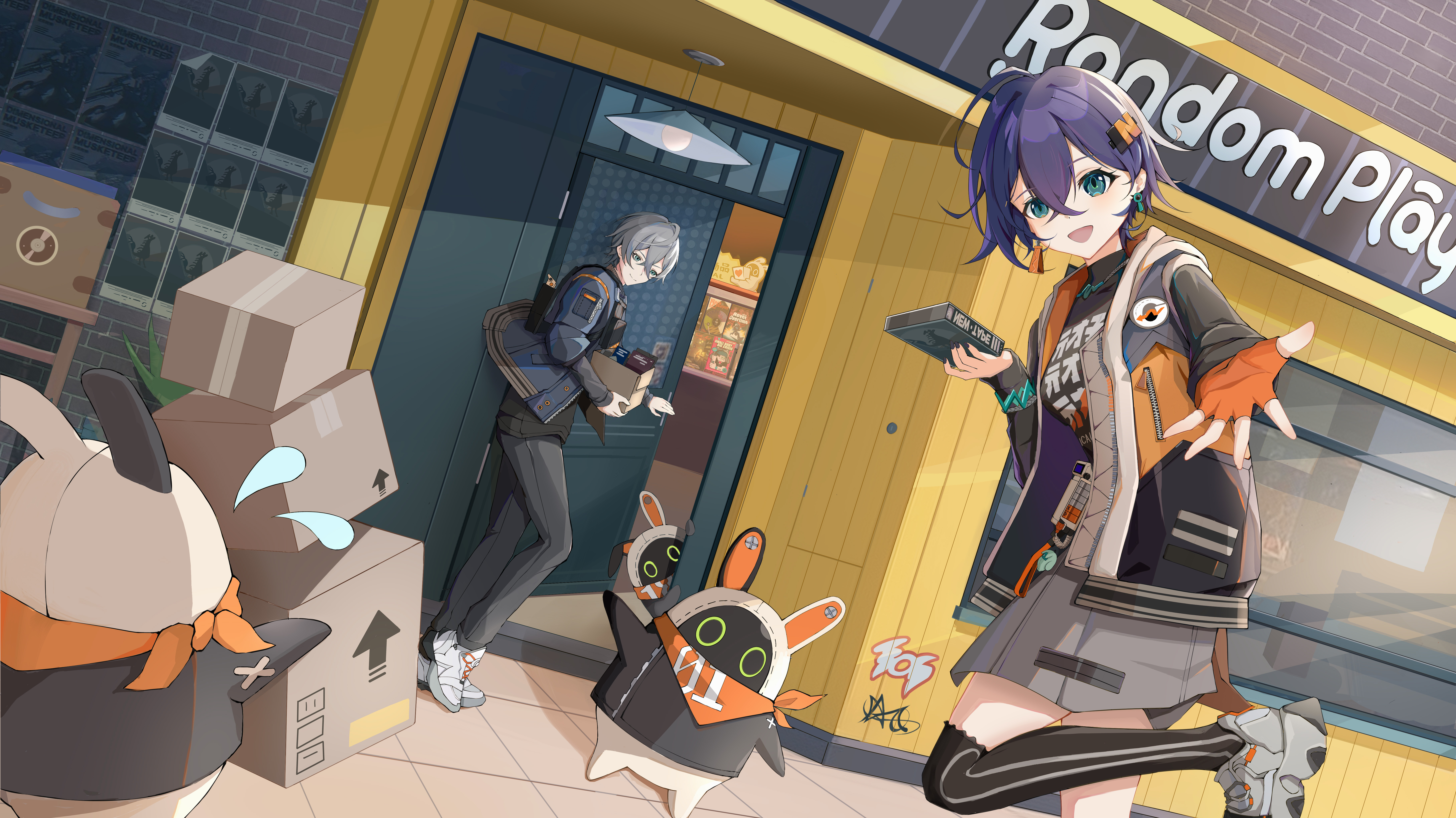 iyoi yoru, bangboo (zenless zone zero), belle (zenless zone zero), wise (zenless zone zero), zenless zone zero, absurdres, commentary request, highres, 1boy, 1girl, 3others, bandana, box, box stack, cardboard box, earrings, fingerless gloves, flying sweatdrops, gloves, graffiti, green eyes, grey hair, grey pants, grey shoes, grey skirt, hair between eyes, hair ornament, holding, holding box, jewelry, mismatched earrings, multiple others, necklace, open mouth, orange bandana, orange gloves, pants, purple hair, random play (zenless zone zero), shoes, single fingerless glove, skirt, smile, white shoes
