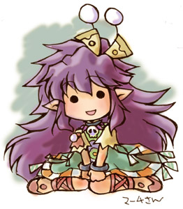 fuju, march (trusty bell), trusty bell, lowres, 1girl, chibi, female focus, full body, knees together feet apart, long hair, looking at viewer, pointy ears, pom pom (clothes), purple hair, simple background, sitting, solo, very long hair, wariza, white background