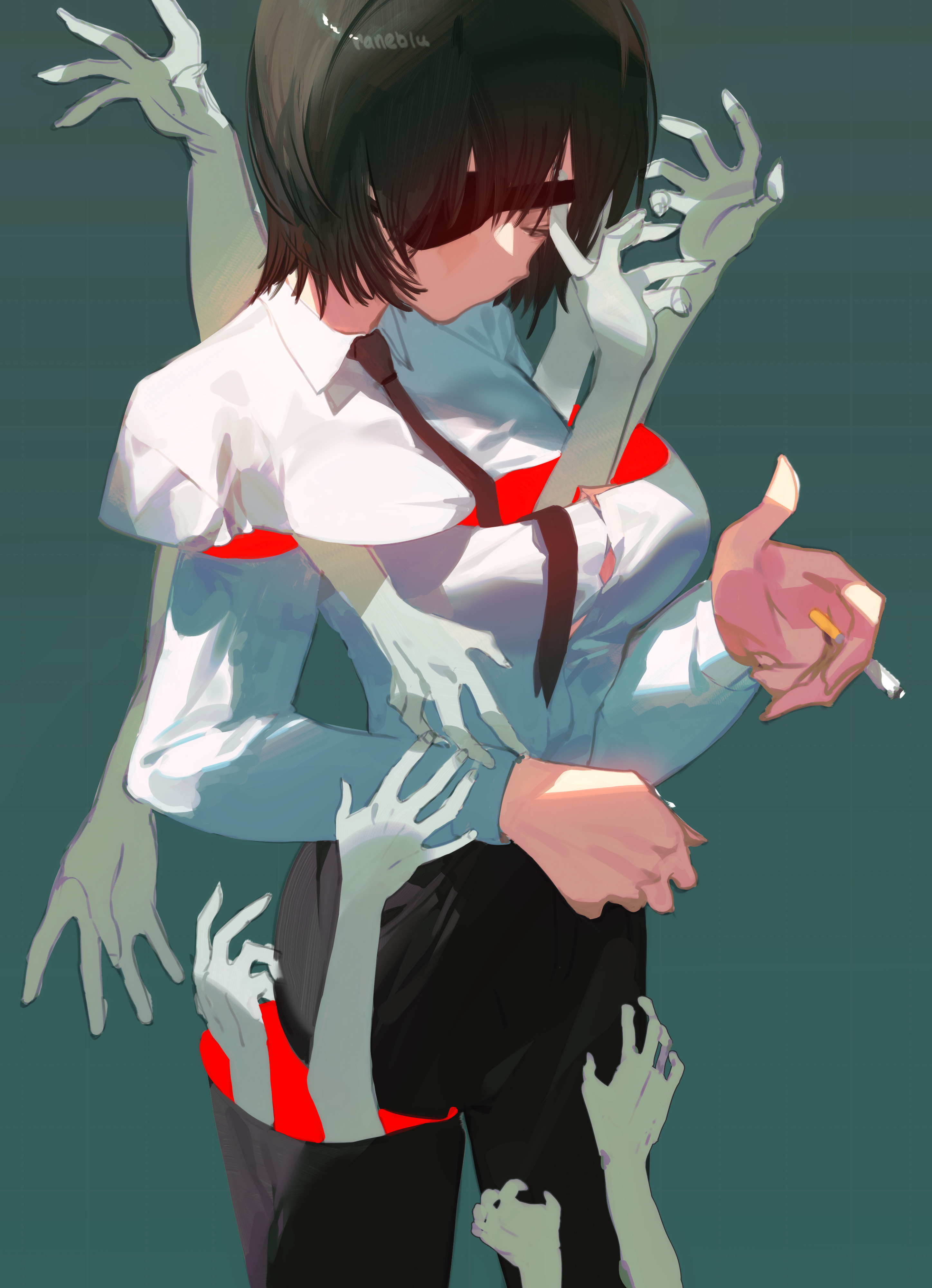 raneblu, ghost devil (chainsaw man), himeno (chainsaw man), chainsaw man, absurdres, highres, 1girl, black hair, black pants, breasts, button gap, cigarette, collared shirt, eyepatch, green background, holding, holding cigarette, large breasts, long sleeves, medium hair, pants, shirt, simple background, white shirt