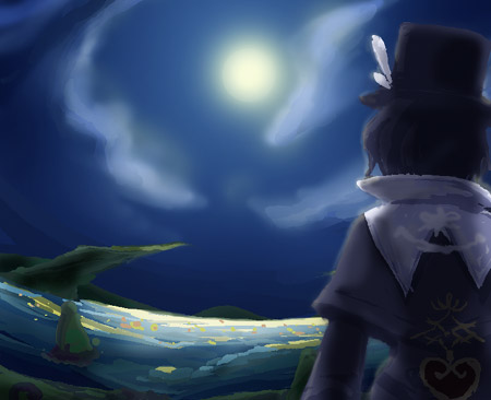 fuju, frederic chopin (trusty bell), trusty bell, lowres, cloud, hat, male focus, moon, night, solo