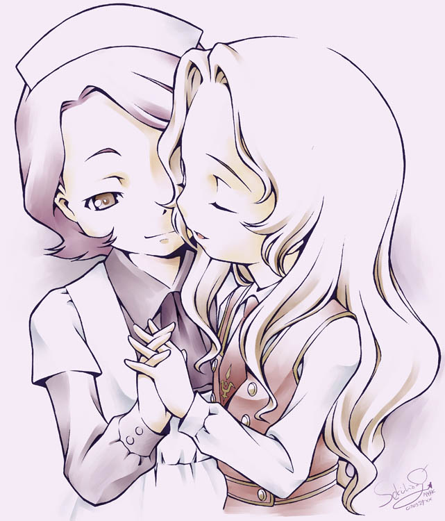sekihan, nunnally vi britannia, shinozaki sayoko, code geass, bad source, 00s, 2girls, :o, age difference, blush, closed eyes, dress, half-closed eyes, holding hands, hug, light smile, long sleeves, maid, monochrome, multiple girls, onee-loli, parted lips, smile, upper body, yuri