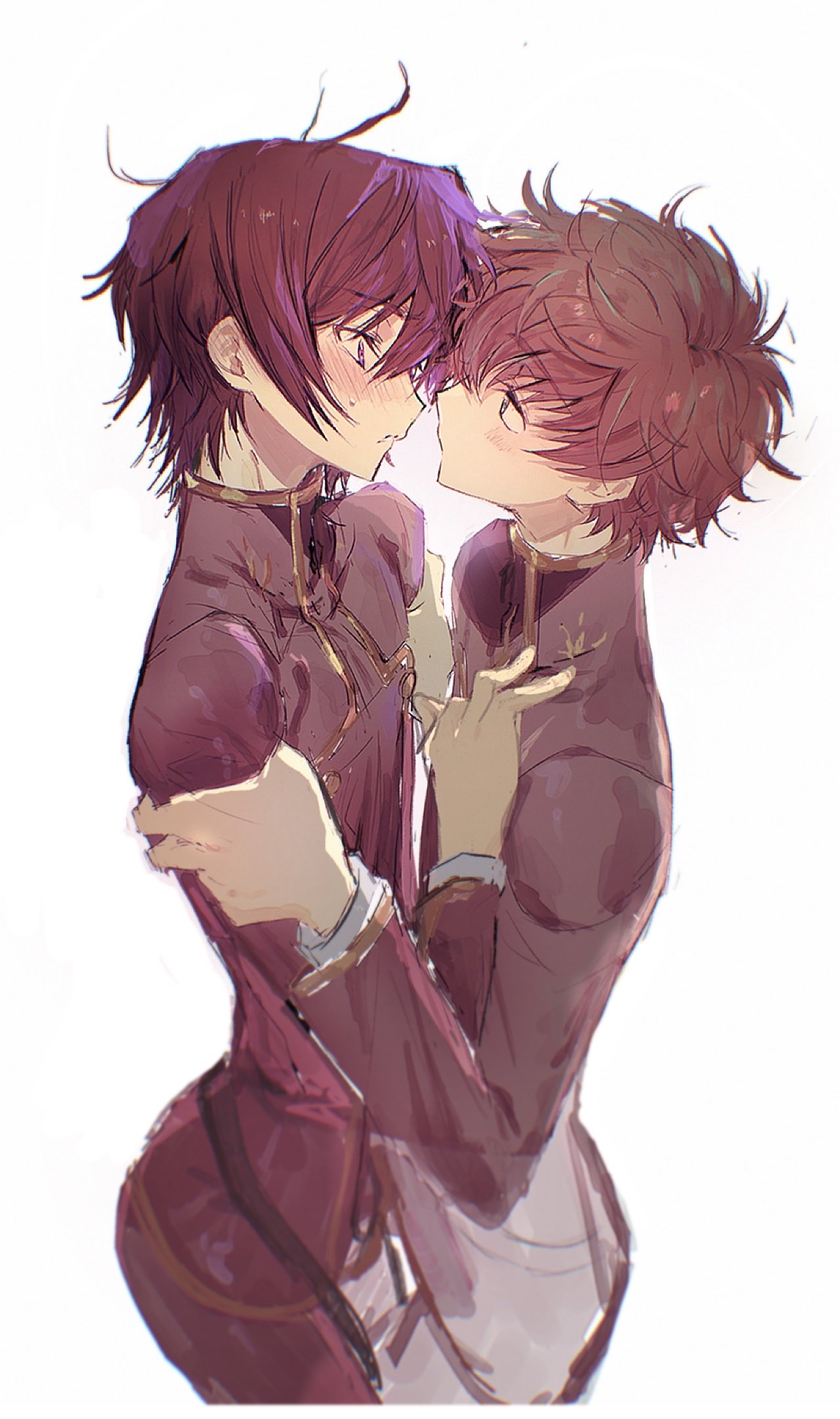 kururugi suzaku, lelouch vi britannia, code geass, highres, 2boys, 8de3wn, black hair, blush, brown hair, from side, long sleeves, male focus, multiple boys, purple eyes, short hair, simple background, skinny, white background, yaoi