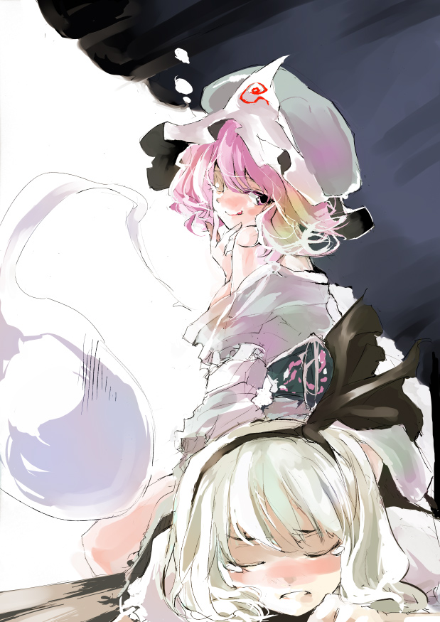 konpaku youmu, konpaku youmu (ghost), saigyouji yuyuko, touhou, 2girls, female focus, hair between eyes, hat, hitodama, mob cap, multiple girls, off shoulder, tears