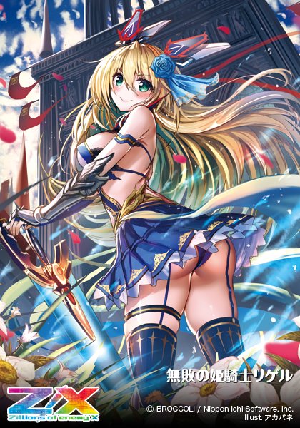 akabane (zebrasmise), rigel (z/x), z/x, official art, 1girl, blonde hair, blue flower, blue panties, blue rose, breasts, closed eyes, copyright logo, copyright notice, dress, floating hair, flower, from below, green eyes, hair flower, hair ornament, holding, holding sword, holding weapon, large breasts, logo, long hair, looking back, outdoors, panties, pantyshot, red petals, rose, smile, solo, sword, underwear, vambraces, weapon, white flower