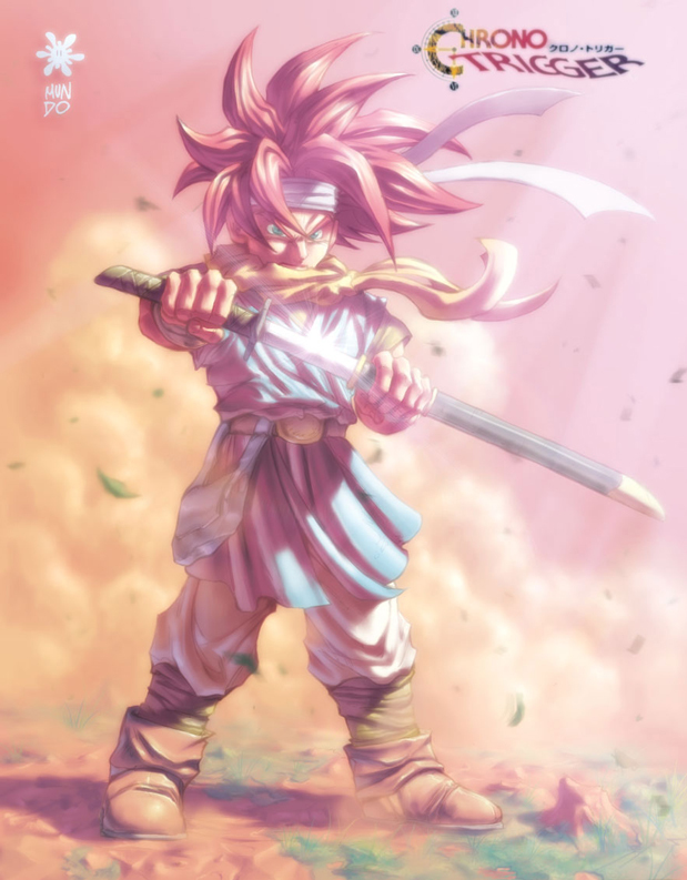 crono (chrono trigger), chrono (series), chrono trigger, md5 mismatch, resized, resolution mismatch, source larger, 1990s (style), 1boy, headband, male focus, retro artstyle, sheath, solo, sword, unsheathing, weapon