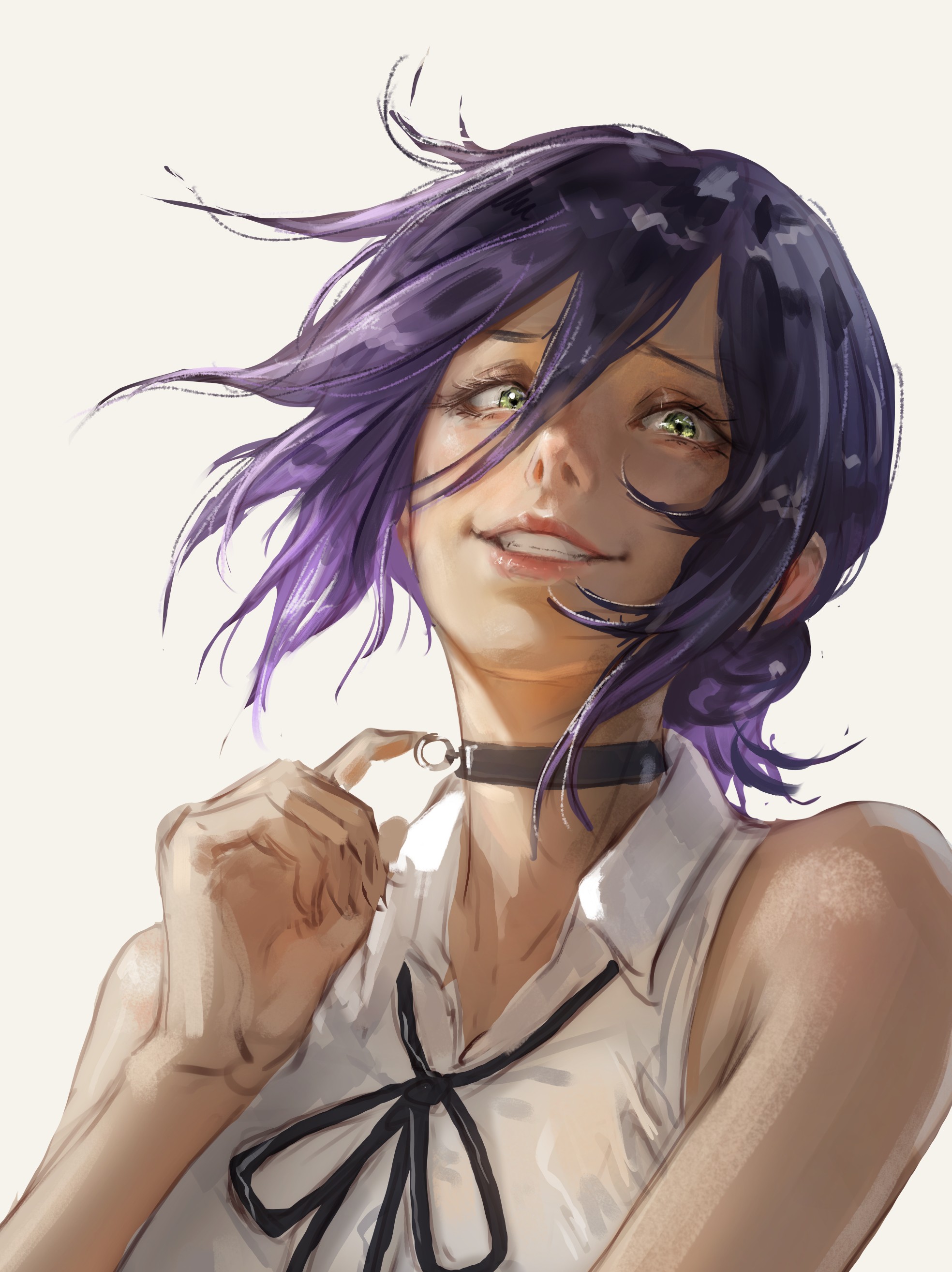 idaero ace, reze (chainsaw man), chainsaw man, absurdres, commentary, english commentary, highres, 1girl, black choker, black ribbon, choker, collared shirt, green eyes, grenade pin, hair between eyes, neck ribbon, purple hair, ribbon, shirt, simple background, sleeveless, sleeveless shirt, solo, teeth, white background, white shirt