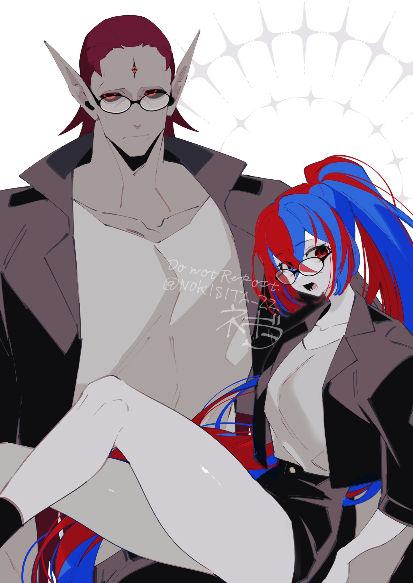 negiwo, female alear (fire emblem), sombron (fire emblem), fire emblem, nintendo, commentary request, highres, 1boy, 1girl, ankle socks, bare legs, black-framed eyewear, black jacket, black mouth, black pants, black sclera, black skirt, black socks, blue eyes, breasts, buttons, closed mouth, collarbone, collared jacket, colored sclera, colored skin, cowboy shot, crossed bangs, father and daughter, feet out of frame, glasses, grey skin, hair behind ear, hand on own hip, heterochromia, high ponytail, jacket, long hair, looking at viewer, lower teeth only, medium breasts, miniskirt, multicolored hair, muscular, muscular male, open clothes, open jacket, open mouth, pants, pencil skirt, pointy ears, ponytail, red eyes, red hair, round eyewear, shirt, sidelocks, simple background, sitting, sitting on lap, sitting on person, skirt, socks, split-color hair, streaked hair, teeth, third eye, three-quarter sleeves, tongue, twitter username, two-tone hair, very long hair, watermark, white background, white shirt, white skin