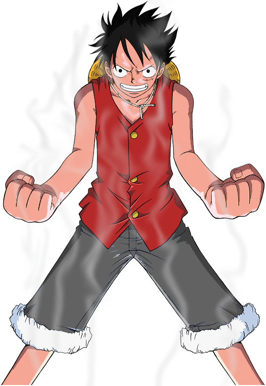 monkey d. luffy, one piece, 1boy, clenched hands, gear second, hat, hat on back, male focus, messy hair, red vest, shorts, solo, stampede string, straw hat, vest