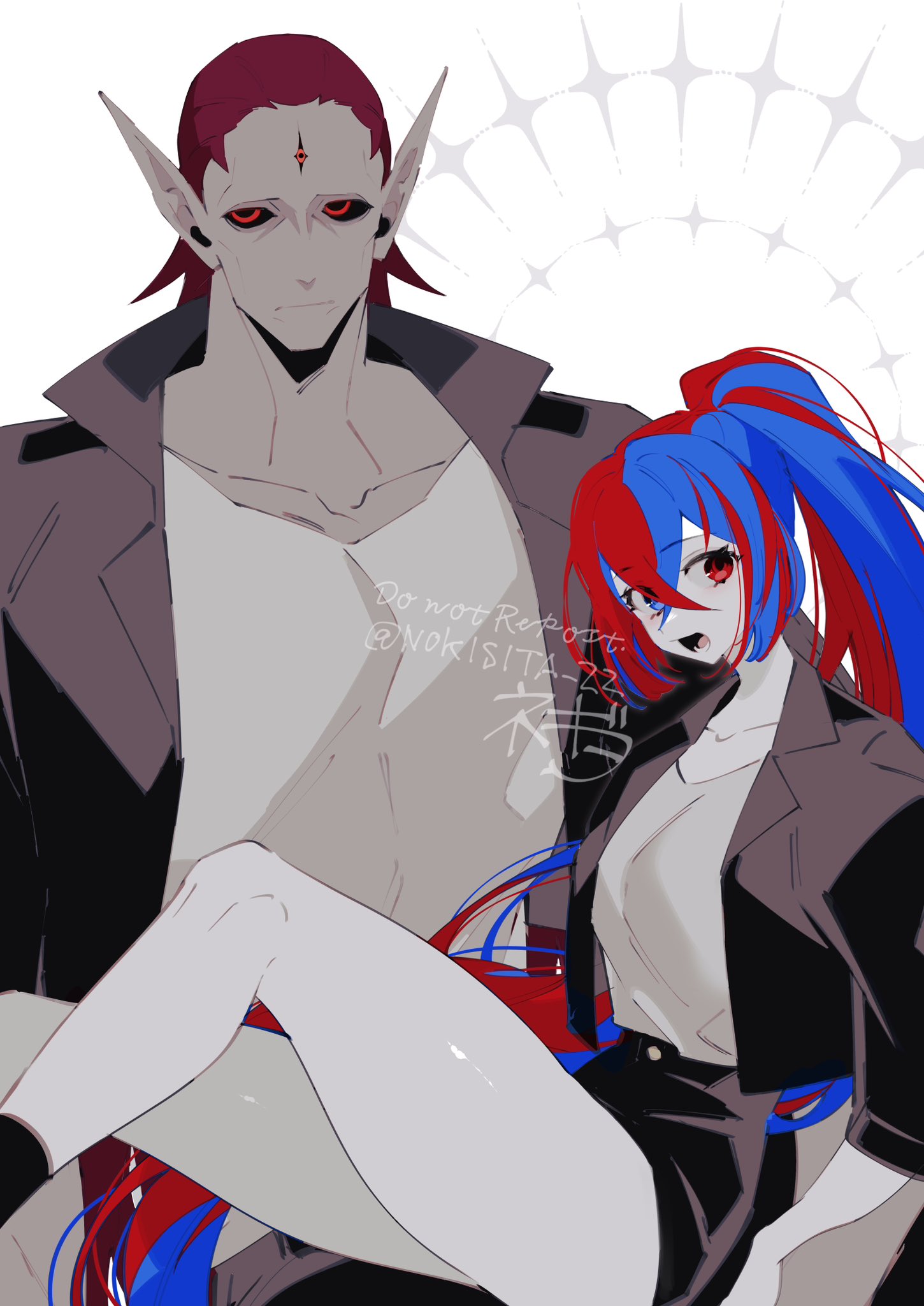 negiwo, female alear (fire emblem), sombron (fire emblem), fire emblem, nintendo, commentary request, highres, 1boy, 1girl, ankle socks, bare legs, black jacket, black mouth, black pants, black sclera, black skirt, black socks, blue eyes, breasts, buttons, closed mouth, collarbone, collared jacket, colored sclera, colored skin, cowboy shot, crossed bangs, father and daughter, feet out of frame, grey skin, hair behind ear, hand on own hip, heterochromia, high ponytail, jacket, long hair, looking at viewer, lower teeth only, medium breasts, miniskirt, multicolored hair, muscular, muscular male, open clothes, open jacket, open mouth, pants, pencil skirt, pointy ears, ponytail, red eyes, red hair, shirt, sidelocks, simple background, sitting, sitting on lap, sitting on person, skirt, socks, split-color hair, streaked hair, teeth, third eye, three-quarter sleeves, tongue, twitter username, two-tone hair, very long hair, watermark, white background, white shirt, white skin