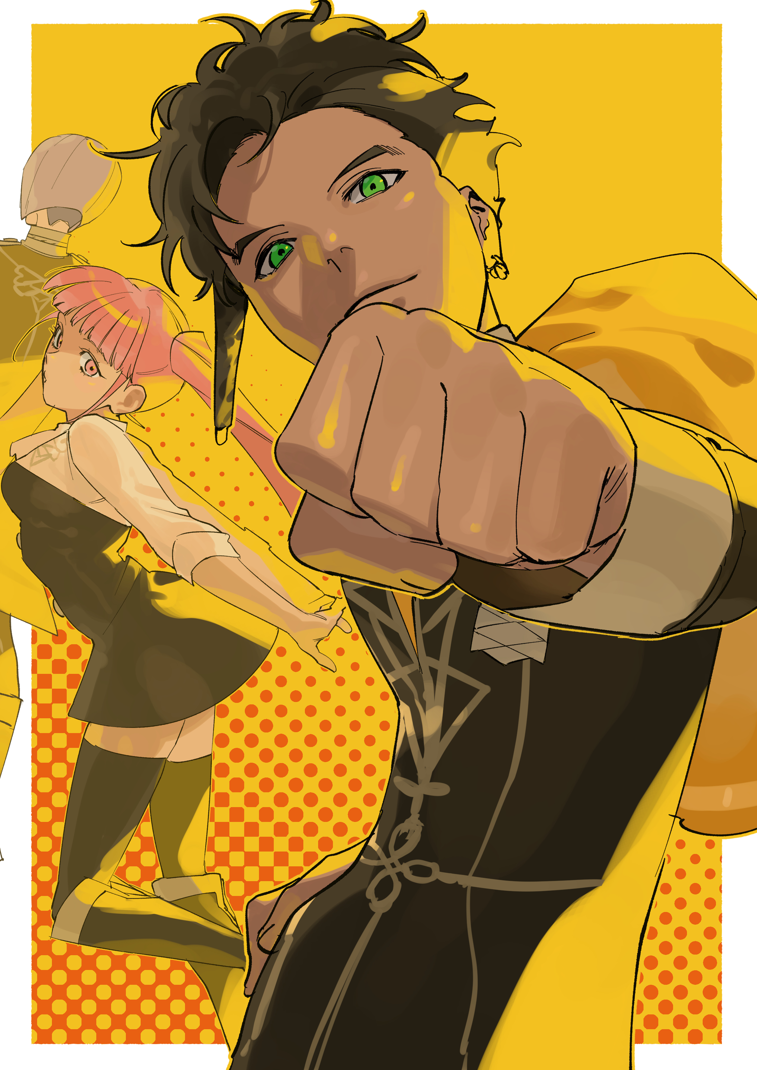 mkpj32, claude von riegan, hilda valentine goneril, lorenz hellman gloucester, fire emblem, fire emblem: three houses, nintendo, absurdres, highres, 1girl, 2boys, blunt bangs, brown hair, clenched hand, dark-skinned male, dark skin, garreg mach monastery uniform, gold cape, multiple boys, pink hair, purple hair, twintails