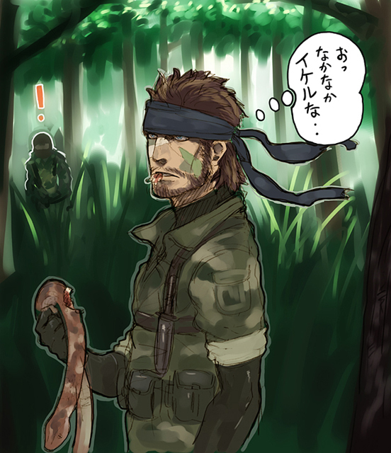 big boss, metal gear (series), metal gear solid 3: snake eater, translation request, !, 2boys, beard, brown hair, camouflage, facial hair, gloves, headband, multiple boys, snake