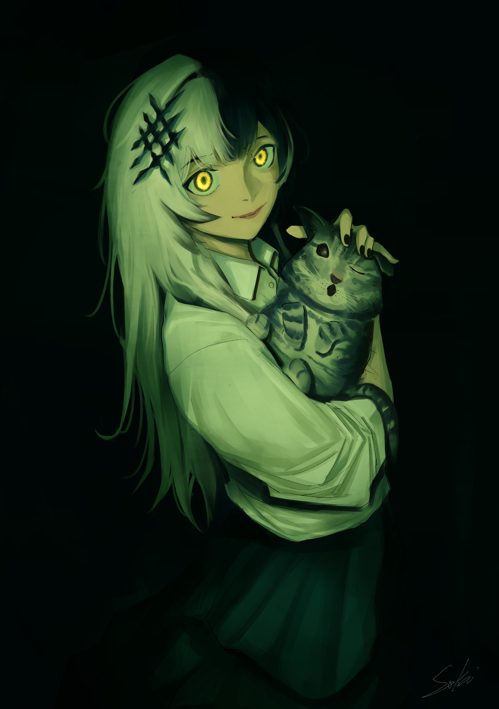sokathebaka, shiori novella, hololive, hololive english, absurdres, highres, 1girl, animal, black background, black hair, black nails, black skirt, cat, closed mouth, grey hair, holding, holding animal, holding cat, long hair, long sleeves, looking at viewer, multicolored hair, school uniform, shirt, skirt, smile, solo, split-color hair, two-tone hair, virtual youtuber, white shirt, yellow eyes