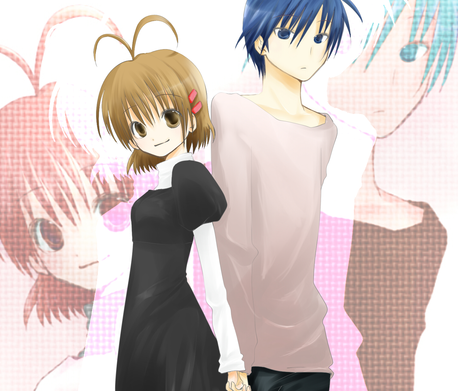 yuki (snowybugloss), furukawa nagisa, okazaki tomoya, clannad, bad id, bad pixiv id, highres, 00s, antenna hair, back-to-back, blue eyes, blue hair, brown eyes, brown hair, short hair, zoom layer