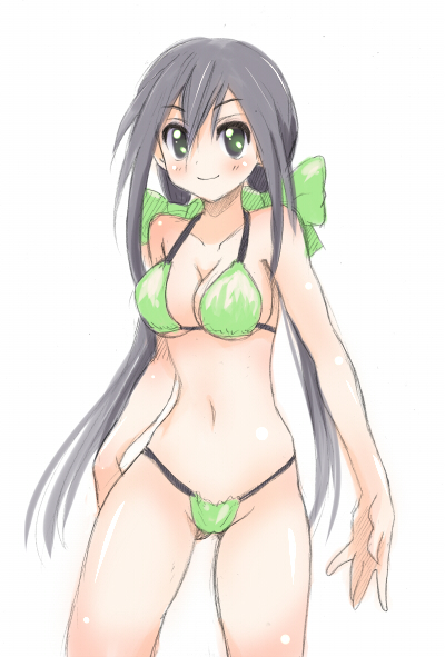sora to umi, bikini, black hair, green bikini, green eyes, long hair, solo, swimsuit, twintails