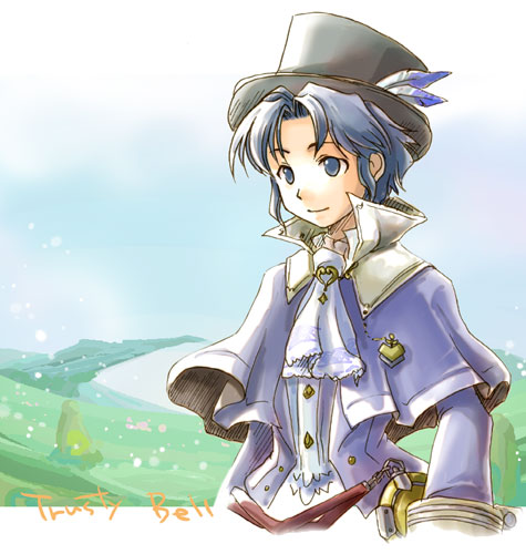 fuju, frederic chopin (trusty bell), trusty bell, lowres, 1boy, gradient background, hat, male focus, nature, outdoors, plant, sky, solo, top hat, white background