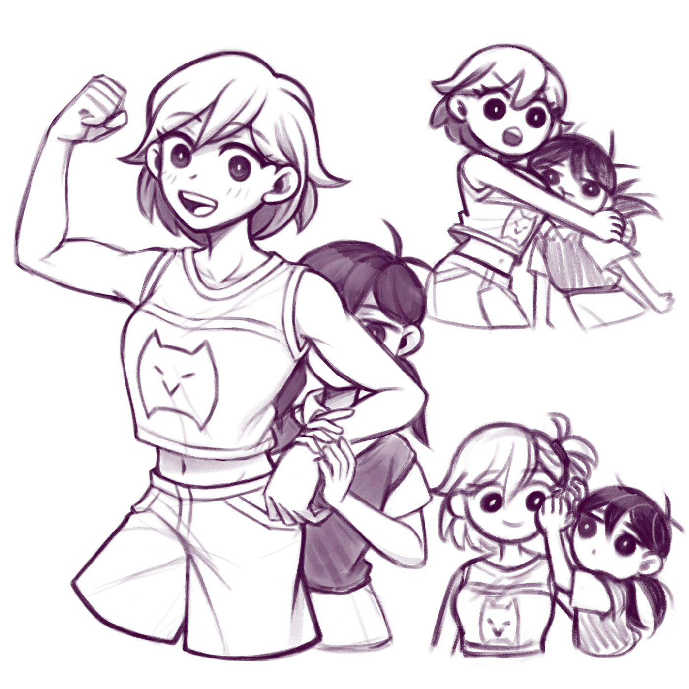 laser-lance, kel (faraway) (omori), kel (omori), sunny (omori), omori, highres, 2girls, antenna hair, arm up, arms up, blush, breasts, bright pupils, closed mouth, collarbone, collared shirt, crop top, double-parted bangs, flexing, genderswap, genderswap (mtf), hair between eyes, hug, looking at another, looking at viewer, low twintails, medium breasts, medium hair, multiple girls, navel, open mouth, shirt, short hair, short twintails, shorts, smile, sweater vest, teeth, twintails, upper teeth only