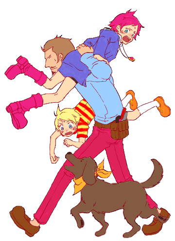 boney, duster (mother), kumatora, lucas (mother 3), mother (series), mother 3, nintendo, lowres, 1girl, 2boys, beard, blonde hair, blue eyes, brown hair, dog, facial hair, jewelry, multiple boys, mustache, pendant, pink hair, scarf
