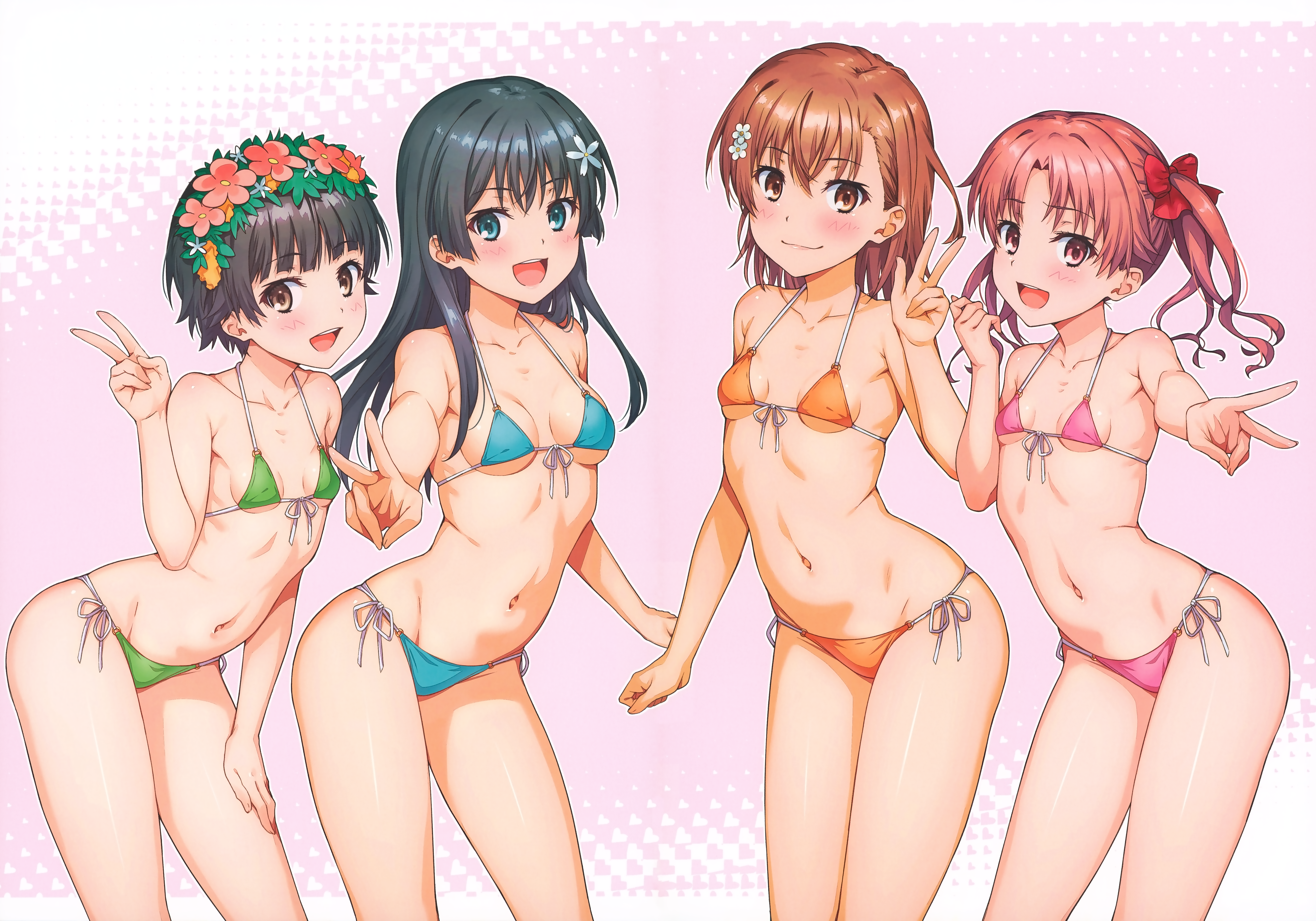 isshi pyuma, misaka mikoto, saten ruiko, shirai kuroko, uiharu kazari, toaru kagaku no railgun, toaru majutsu no index, absurdres, highres, huge filesize, scan, 2023, 20s, 4girls, bare shoulders, bikini, black hair, blue eyes, blush, bow, breasts, brown eyes, brown hair, cleft of venus, collarbone, flower, hair bow, hair flower, hair ornament, halterneck, looking at viewer, matching hair/eyes, medium breasts, micro bikini, multiple girls, navel, open mouth, short hair, side-tie bikini bottom, simple background, small breasts, smile, standing, stomach, string bikini, swimsuit, thighs, twintails, v