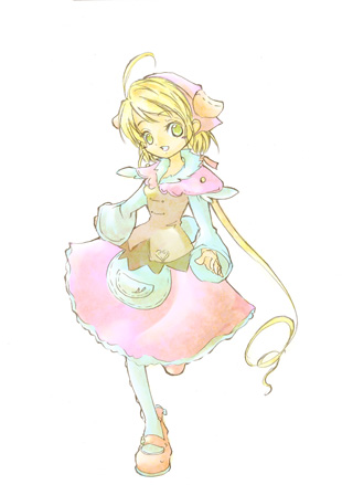 kouji (re.m.er), polka (trusty bell), trusty bell, lowres, 1girl, :d, blonde hair, blue eyes, corset, dress, female focus, long sleeves, looking at viewer, open mouth, pink dress, short hair, simple background, smile, solo, white background