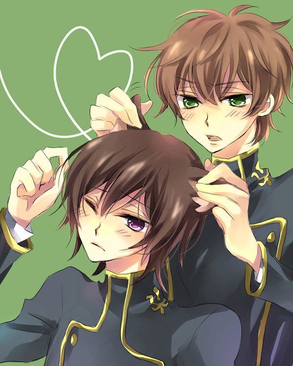 karu, yuzuki karu, kururugi suzaku, lelouch vi britannia, code geass, bad id, bad pixiv id, 00s, 2boys, animal ears, brown hair, grabbing another's ear, grabbing another's hair, green eyes, hand on another's ear, holding another's hair, male focus, multiple boys, one eye closed, purple eyes, wince, wink
