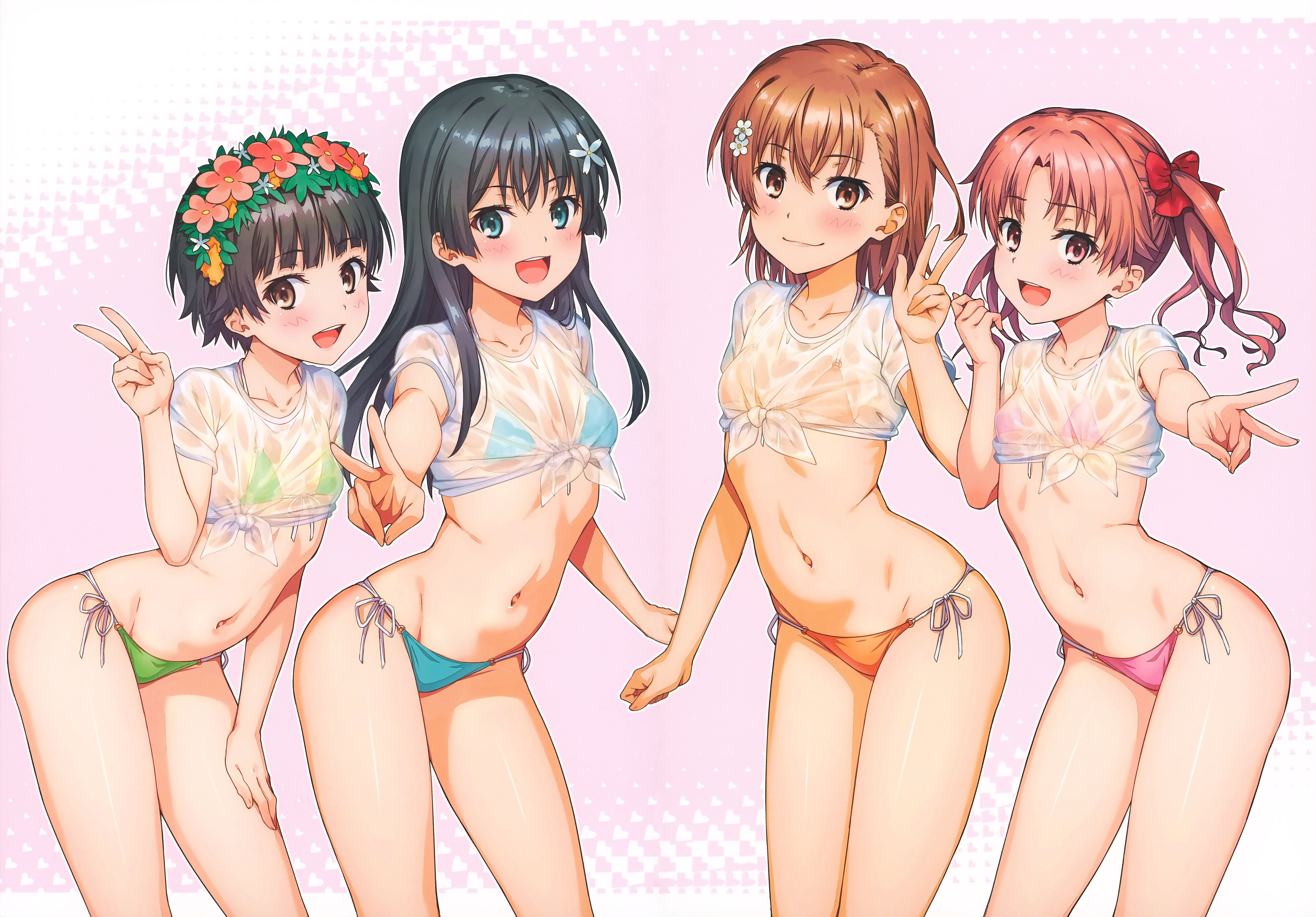 isshi pyuma, misaka mikoto, saten ruiko, shirai kuroko, uiharu kazari, toaru kagaku no railgun, toaru majutsu no index, absurdres, highres, huge filesize, scan, 2023, 20s, 4girls, bikini, black hair, blue eyes, blush, bow, breasts, brown eyes, brown hair, cleft of venus, collarbone, flower, hair bow, hair flower, hair ornament, halterneck, looking at viewer, matching hair/eyes, medium breasts, multiple girls, navel, open mouth, shirt, short hair, side-tie bikini bottom, simple background, small breasts, smile, standing, stomach, string bikini, swimsuit, thighs, twintails, v, wet, wet clothes, wet shirt, white shirt