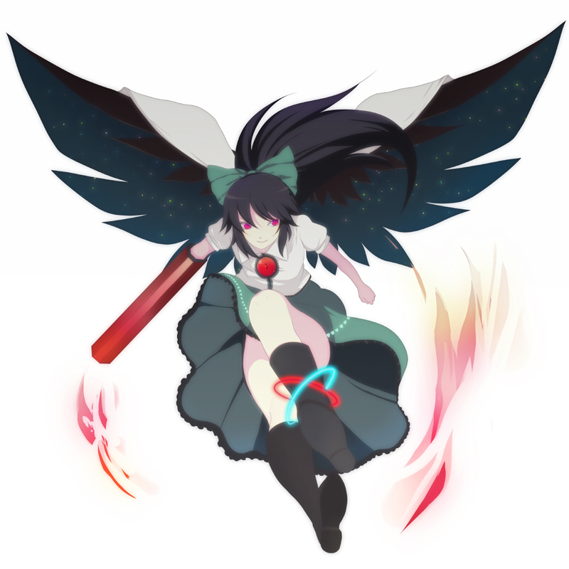 harano, reiuji utsuho, touhou, 1girl, arm cannon, black hair, black wings, brooch, female focus, fire, flying, full body, gem, jewelry, long hair, looking at viewer, looking back, ponytail, puffy short sleeves, puffy sleeves, short sleeves, simple background, solo, third eye, very long hair, weapon, white background, wings