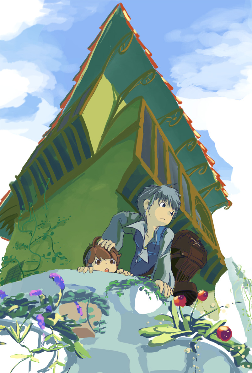 oom, allegretto, beat, beat (trusty bell), trusty bell, hand on head, 2boys, boots, brothers, brown eyes, brown hair, from below, grey hair, male focus, multiple boys, siblings