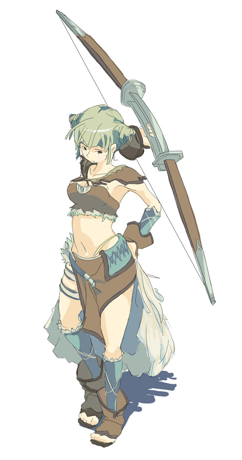oom, viola, trusty bell, tagme, bow (weapon), cone hair bun, hair bun, midriff, solo, weapon