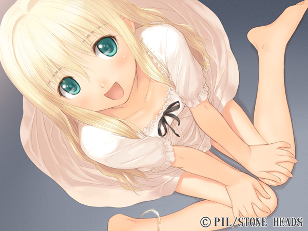 tony taka, shoujo (france shoujo), france shoujo, game cg, tagme, 1girl, barefoot, blonde hair, female focus, gradient background, green eyes, solo, stone heads