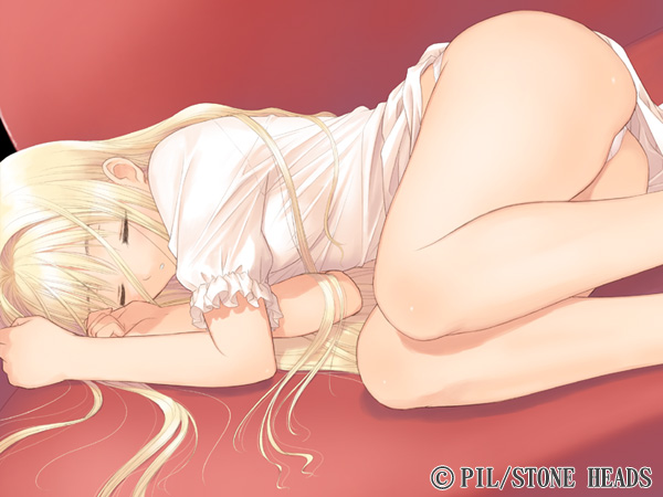 tony taka, shoujo (france shoujo), france shoujo, game cg, tagme, 1girl, blonde hair, female focus, gradient background, lying, sleeping, solo, stone heads