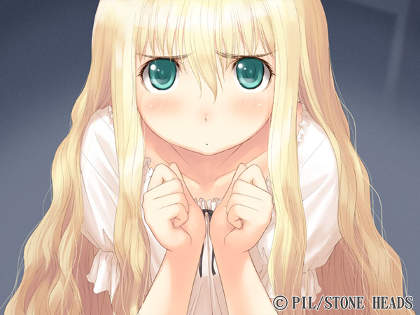 tony taka, shoujo (france shoujo), france shoujo, game cg, tagme, 1girl, blonde hair, blush, female focus, green eyes, pout, solo, stone heads