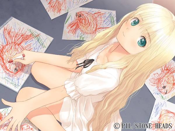 tony taka, shoujo (france shoujo), france shoujo, drawing, game cg, tagme, 1girl, blonde hair, female focus, fish, goldfish, green eyes, solo, stone heads