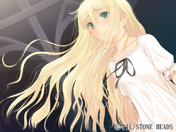 tony taka, shoujo (france shoujo), france shoujo, game cg, tagme, 1girl, blonde hair, female focus, green eyes, hair raising, solo, stone heads
