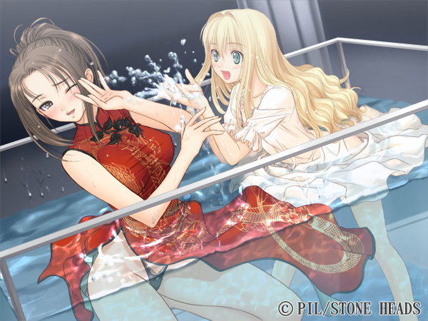 tony taka, odagiri maiko, shoujo (france shoujo), france shoujo, game cg, 2girls, china dress, chinese clothes, dress, multiple girls, panties, pool, splashing, stone heads, underwear, water, wet