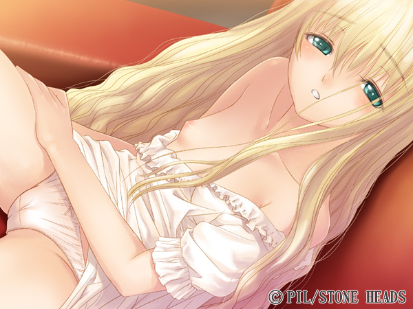 tony taka, shoujo (france shoujo), france shoujo, game cg, blonde hair, breasts, cameltoe, flat chest, green eyes, loli, long hair, nipple slip, nipples, panties, small breasts, stone heads, underwear