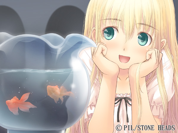 tony taka, shoujo (france shoujo), france shoujo, game cg, tagme, 1girl, blonde hair, female focus, fish, goldfish, green eyes, solo, stone heads