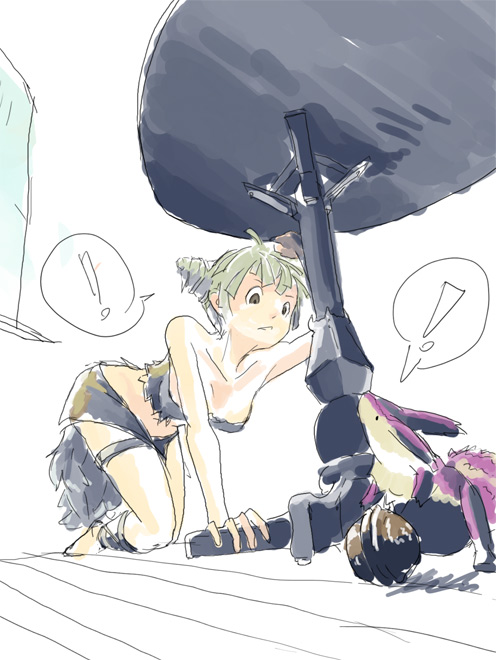 oom, viola, trusty bell, !, 1girl, all fours, blonde hair, blue eyes, collarbone, cone hair bun, female focus, hair bun, midriff, navel, oekaki, plant, short hair, solo, speech bubble, spoken exclamation mark, stomach, tree