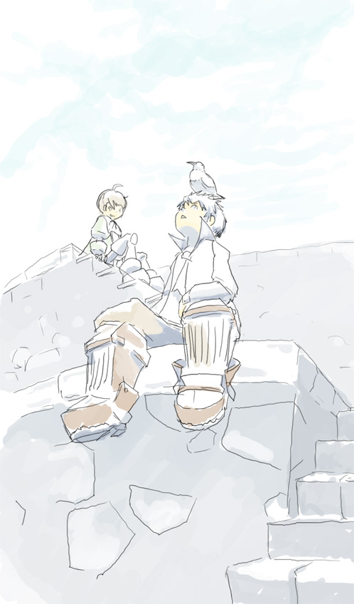 oom, allegretto, beat, beat (trusty bell), trusty bell, 2boys, animal, animal on head, bird, bird on head, brothers, male focus, multiple boys, on head, siblings