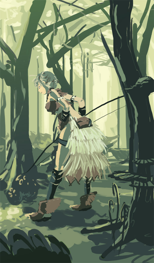 oom, viola, trusty bell, 1girl, bare tree, blonde hair, bow (weapon), cone hair bun, female focus, full body, hair bun, looking at viewer, outdoors, path, road, scenery, short hair, solo, standing, tree, weapon, winter