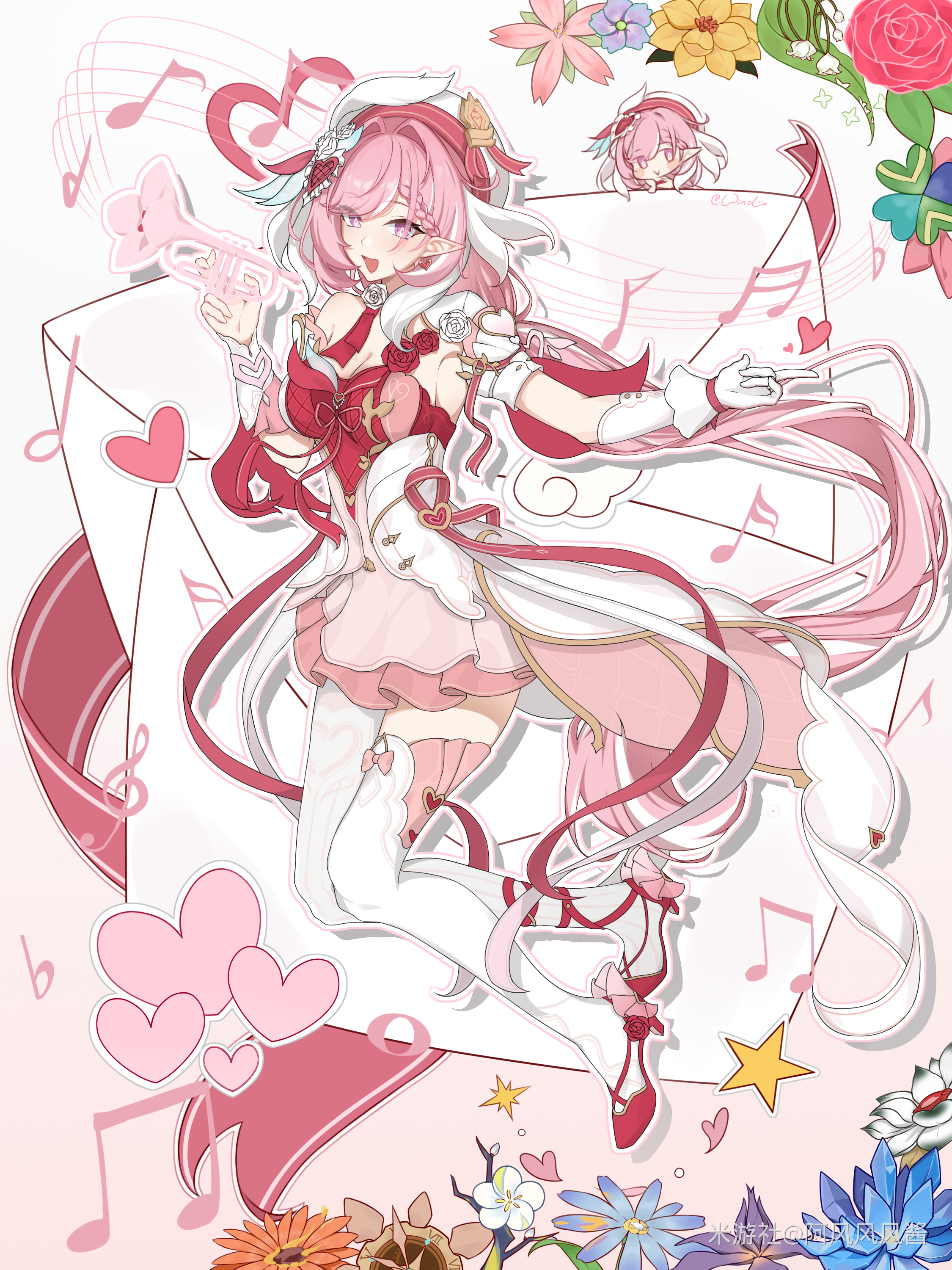 elysia (hi love elf) (honkai impact), elysia (honkai impact), honkai (series), honkai impact 3rd, absurdres, chinese commentary, commentary request, highres, 1girl, a feng feng feng jiang, beret, breasts, cleavage, diamond-shaped pupils, diamond (shape), dress, elf, flower, gloves, hat, high heels, holding, holding instrument, holding trumpet, instrument, large breasts, letter, long hair, miyoushe watermark, multicolored dress, musical note, pantyhose, pink dress, pink hair, pointy ears, purple eyes, red dress, single leg pantyhose, single thighhigh, smile, solo, symbol-shaped pupils, thighhighs, trumpet, very long hair, watermark, white dress, white gloves, white pantyhose, white thighhighs