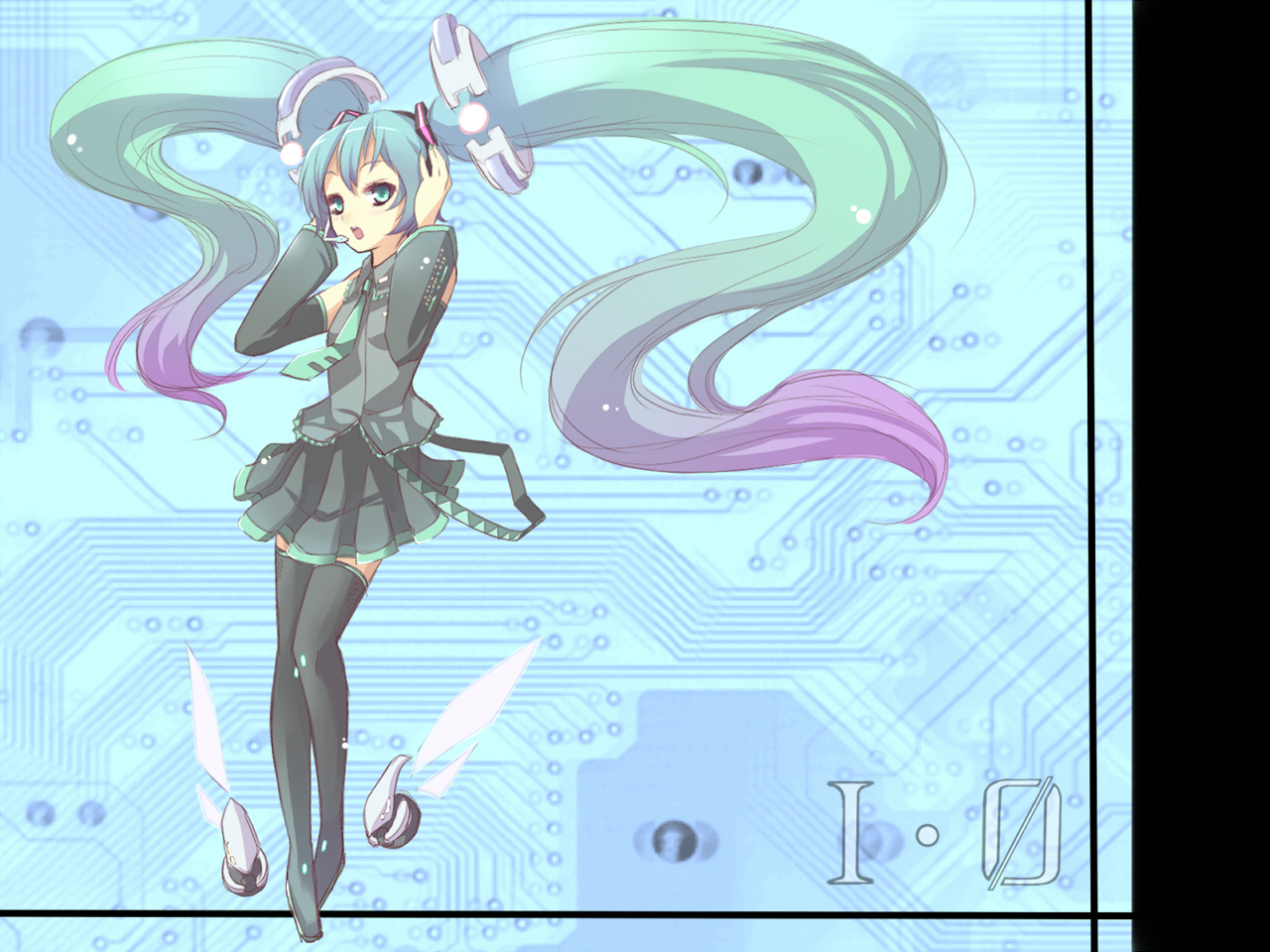 uruu gekka, hatsune miku, vocaloid, bad id, bad pixiv id, arms up, detached sleeves, gekka, headset, long hair, necktie, skirt, solo, thighhighs, twintails, very long hair