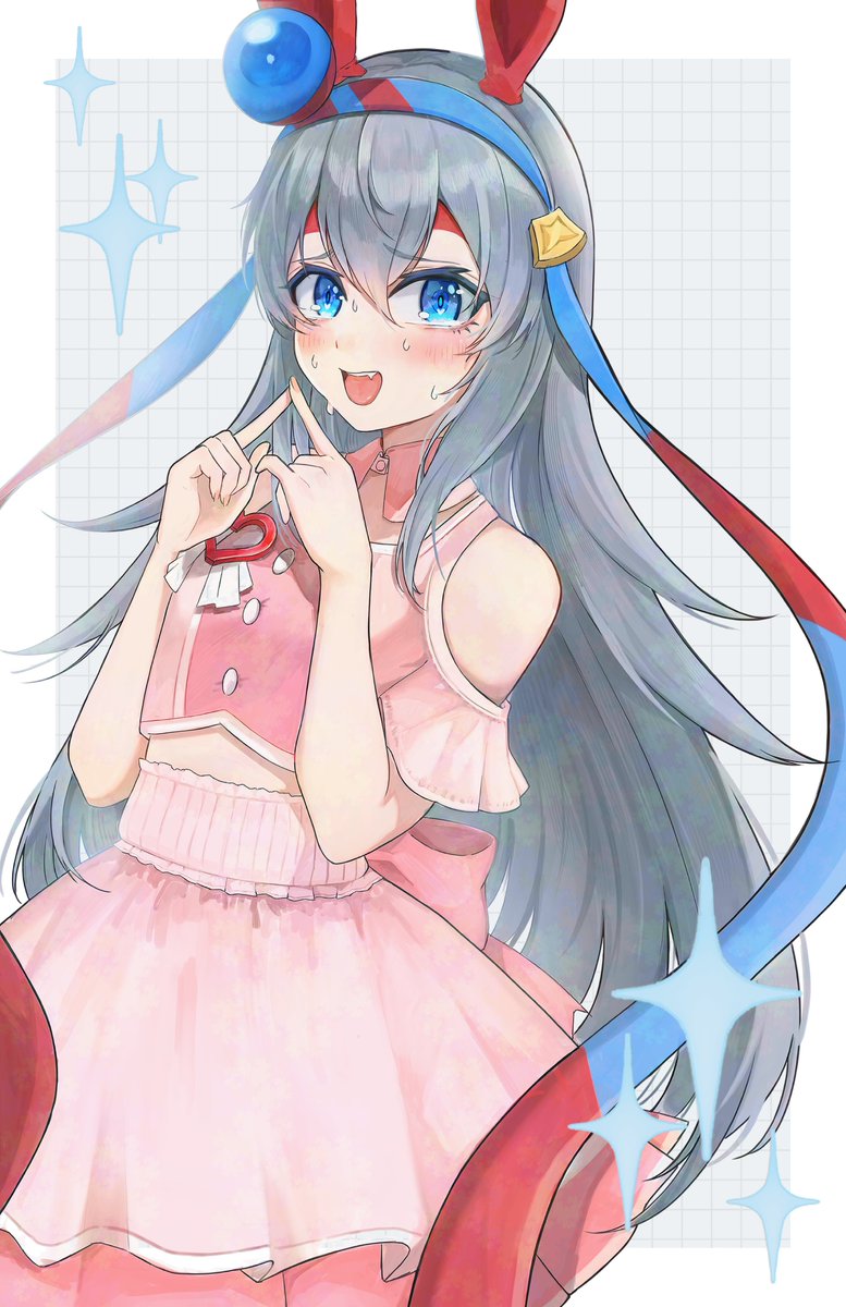 tamamo cross (umamusume), umamusume, highres, 0013kell, 1girl, animal ears, bare shoulders, blue eyes, blue hairband, blush, breasts, clothing cutout, cropped shirt, detached collar, ear covers, ear ornament, fang, grey hair, grey tail, hair between eyes, hairband, headband, horse ears, horse girl, horse tail, layered skirt, long hair, meni shuki rush-sshu!, nervous sweating, open mouth, pink shirt, pink skirt, red headband, shirt, shoulder cutout, skirt, small breasts, smile, solo, star (symbol), striped clothes, striped hairband, sweat, tail, teeth, upper teeth only, very long hair