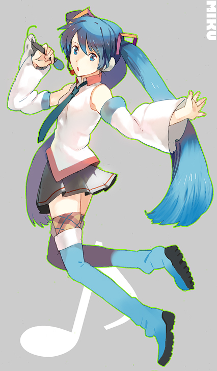 uichi, hatsune miku, vocaloid, bad id, bad pixiv id, aqua necktie, blouse, blue boots, blue eyes, blue hair, boots, character name, collared shirt, detached sleeves, full body, grey background, long hair, microphone, necktie, shirt, skirt, sleeveless, sleeveless shirt, solo, thighhighs, twintails, very long hair, white shirt