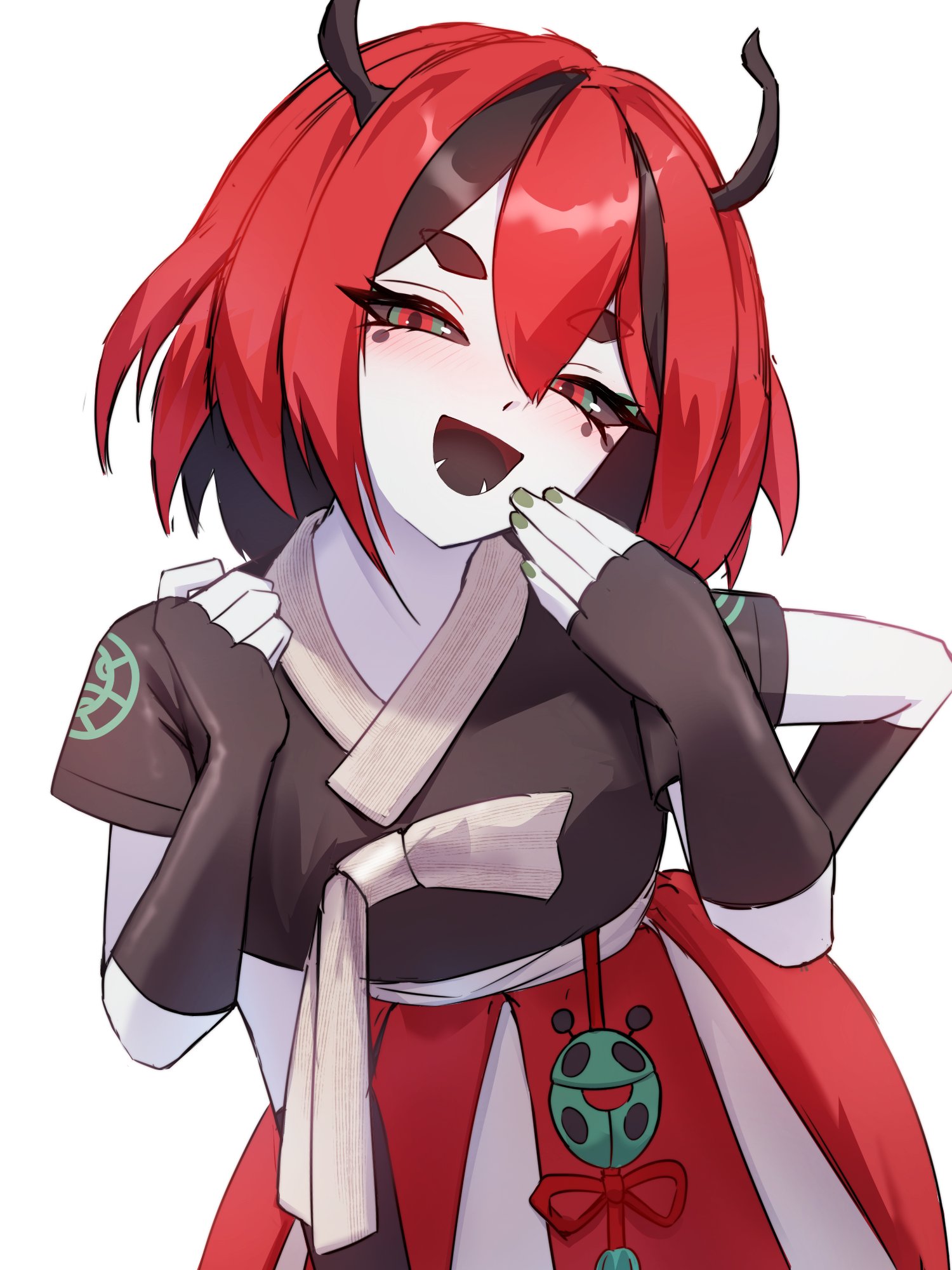 cgator, ladybug girl, indie virtual youtuber, commentary, english commentary, highres, 1girl, antennae, arthropod girl, beri (beribug), black hair, black sclera, black shirt, black tongue, colored sclera, colored skin, elbow gloves, extra arms, fangs, fingerless gloves, gloves, green eyes, green nails, hair between eyes, korean clothes, looking at viewer, medium hair, monster girl, multicolored eyes, multicolored hair, nail polish, narrowed eyes, open mouth, red eyes, red hair, shirt, simple background, smile, smug, solo, streaked hair, thick eyebrows, two-tone eyes, two-tone hair, upper body, virtual youtuber, white background, white skin