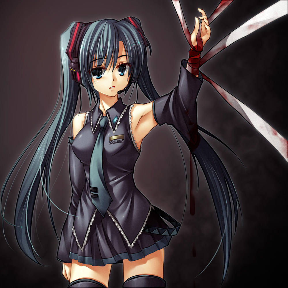 mee (pixiv61701), mexe, hatsune miku, vocaloid, 1girl, aqua eyes, aqua hair, bandages, blood, detached sleeves, female focus, long hair, necktie, skirt, solo, thighhighs, twintails