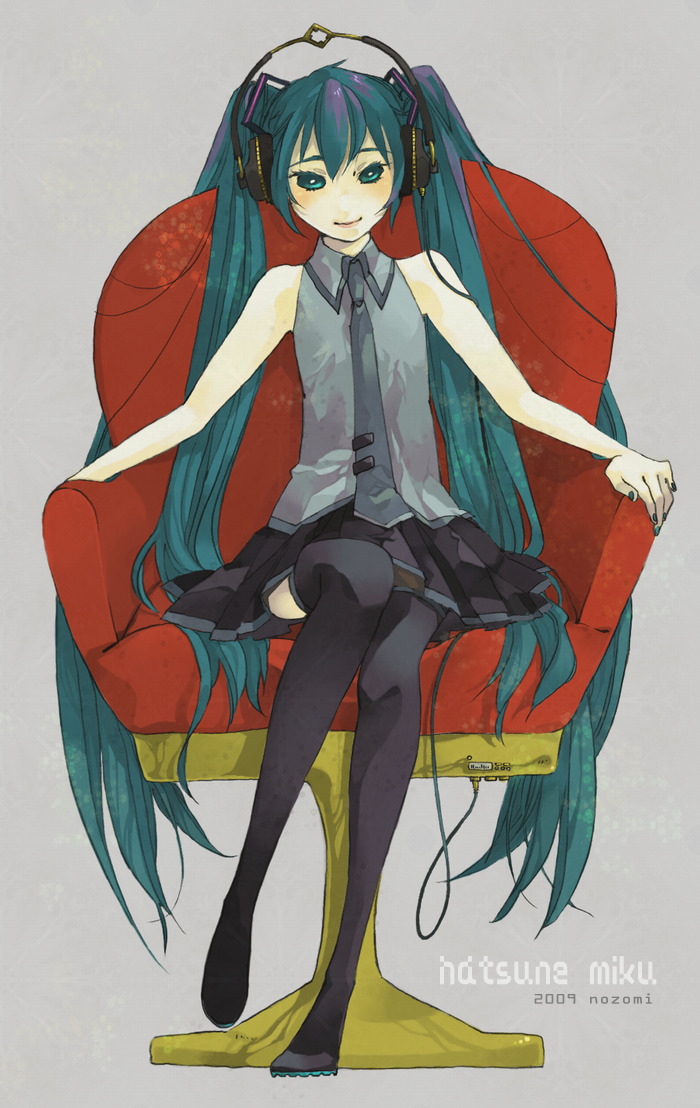 nozomi (pixiv539126), hatsune miku, vocaloid, 1girl, aqua eyes, aqua hair, armchair, black boots, blouse, boots, bright pupils, cable, chair, character name, collared shirt, female focus, full body, gold trim, grey background, grey necktie, grey shirt, half-closed eyes, headphones, long hair, miniskirt, muted color, necktie, on chair, red upholstery, shirt, simple background, sitting, skirt, sleeveless, sleeveless shirt, solo, thighhighs, twintails, very long hair